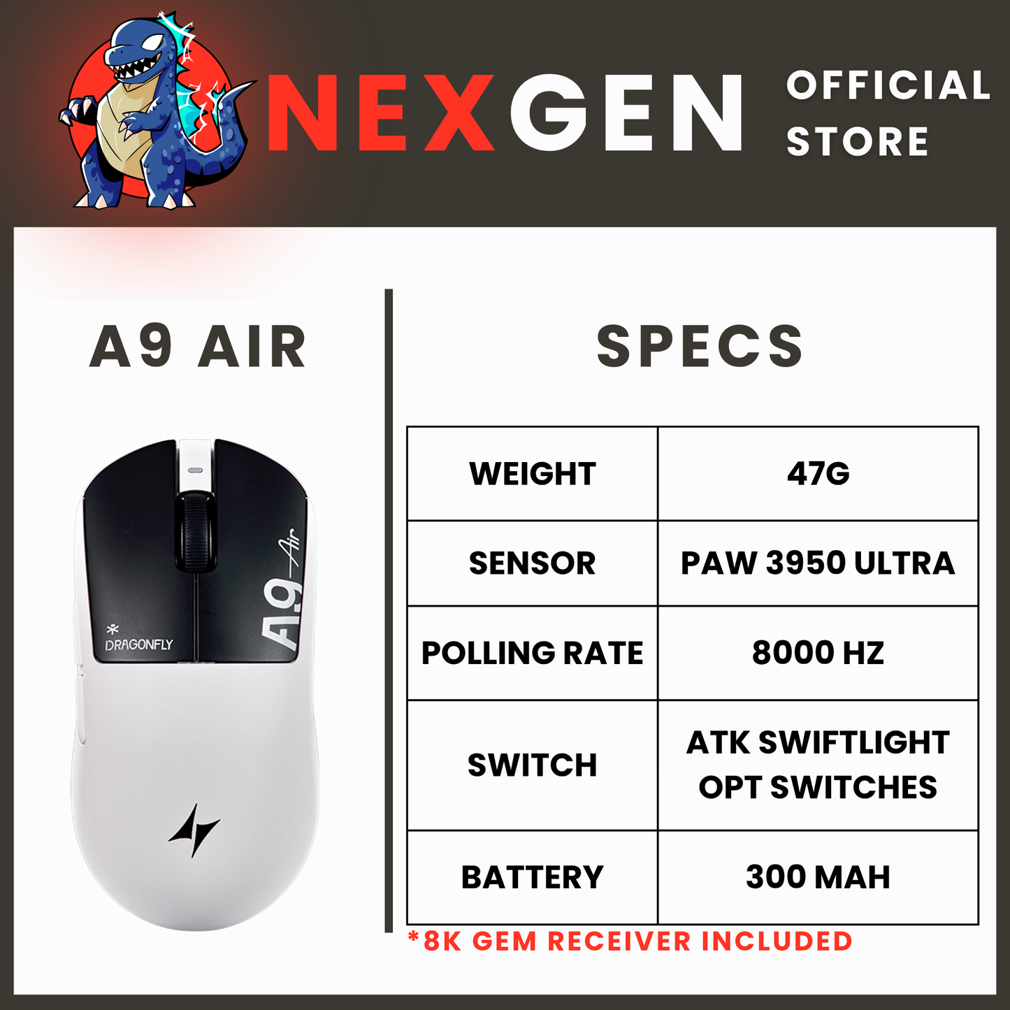 ATK Dragonfly A9 Air | 8000 Hz Gaming Mouse 47G PAW3950 Ultra 300MAH | NexGen Lab