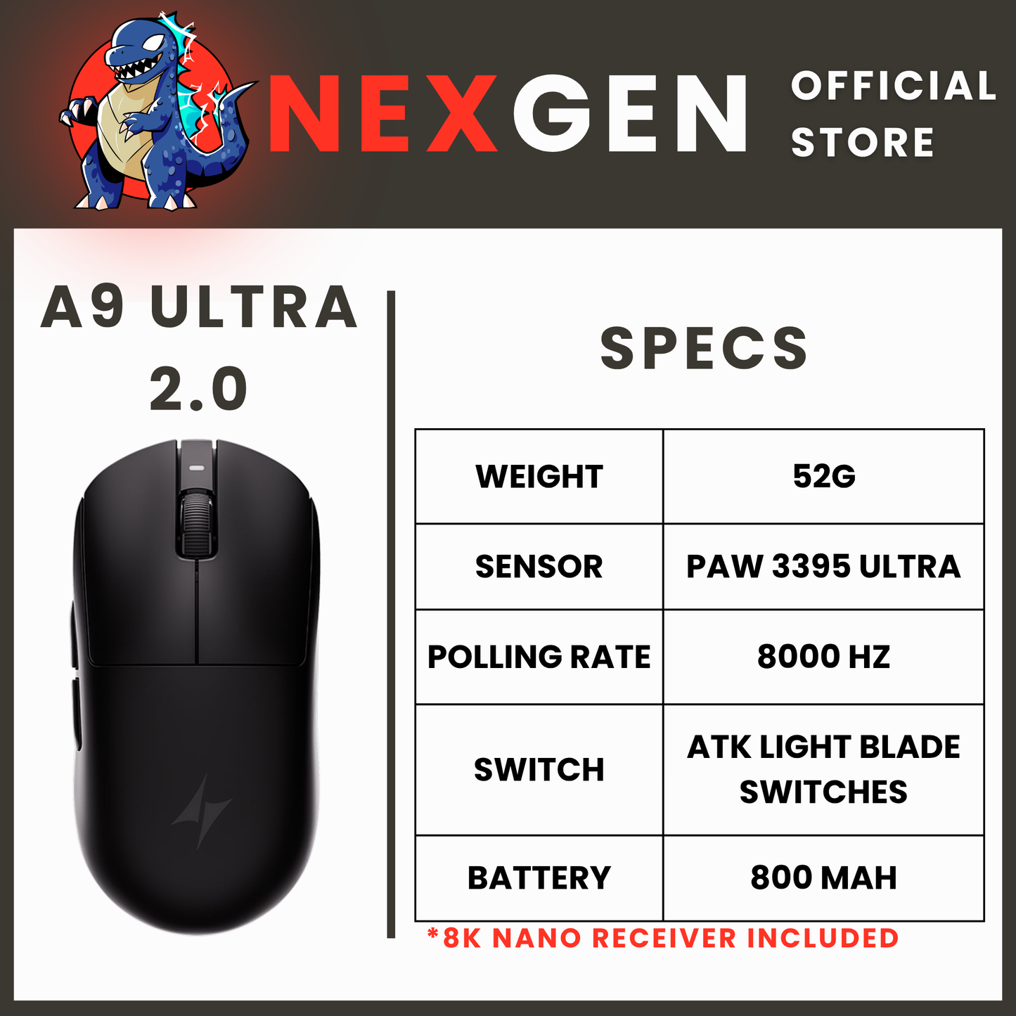 ATK Dragonfly A9 Ultra Max 2.0 | 8000 Hz Gaming Mouse 53G PAW3395 Ultra 800MAH | NexGen Lab