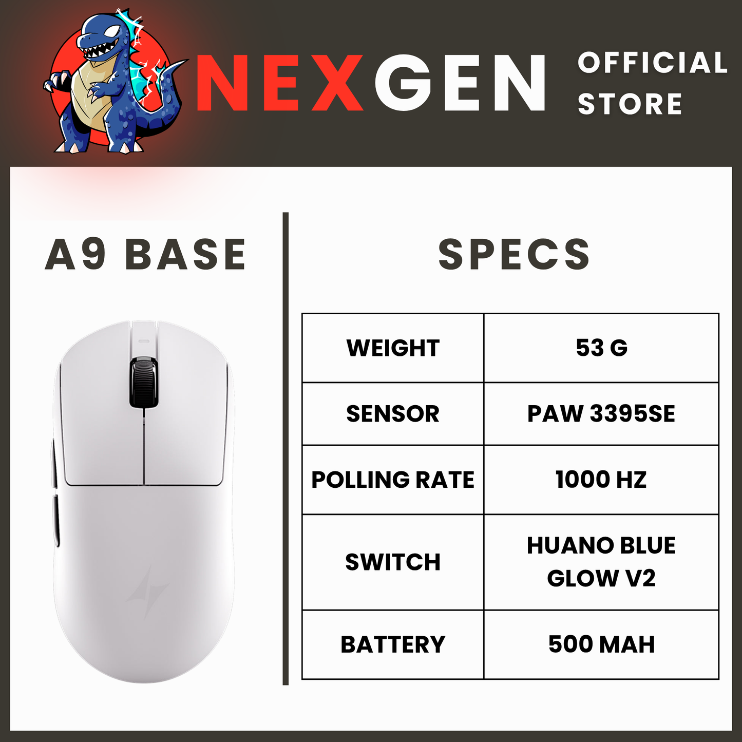 ATK Dragonfly A9 Base | 1000 Hz Gaming Mouse 53G PAW3395SE 500MAH | NexGen Lab