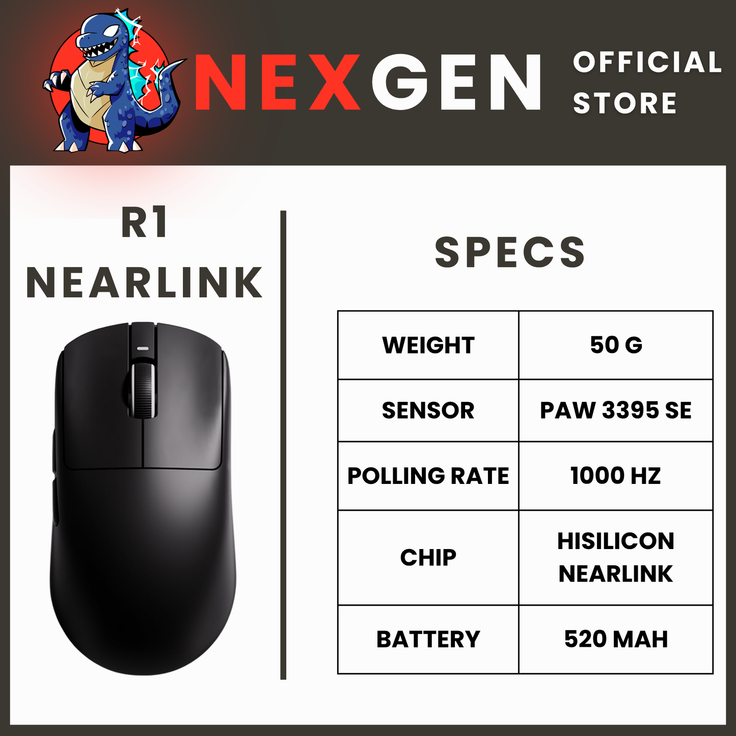 VXE Dragonfly R1 Nearlink | 1000 Hz Gaming Mouse 50G PAW3395 SE 520MAH | NexGen Lab